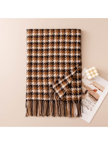 Camel, brown and cream houndstooth scarf with twisted fringe