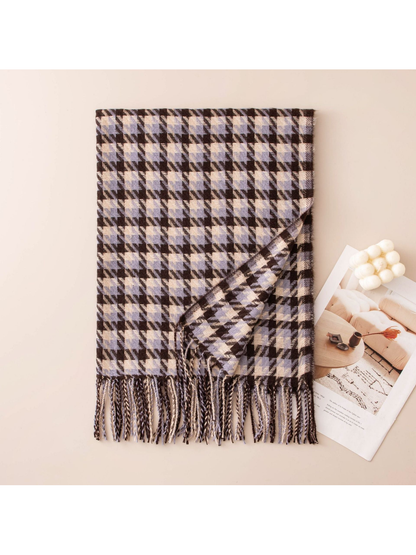 Gray-blue, brown and cream houndstooth scarf with twisted fringe