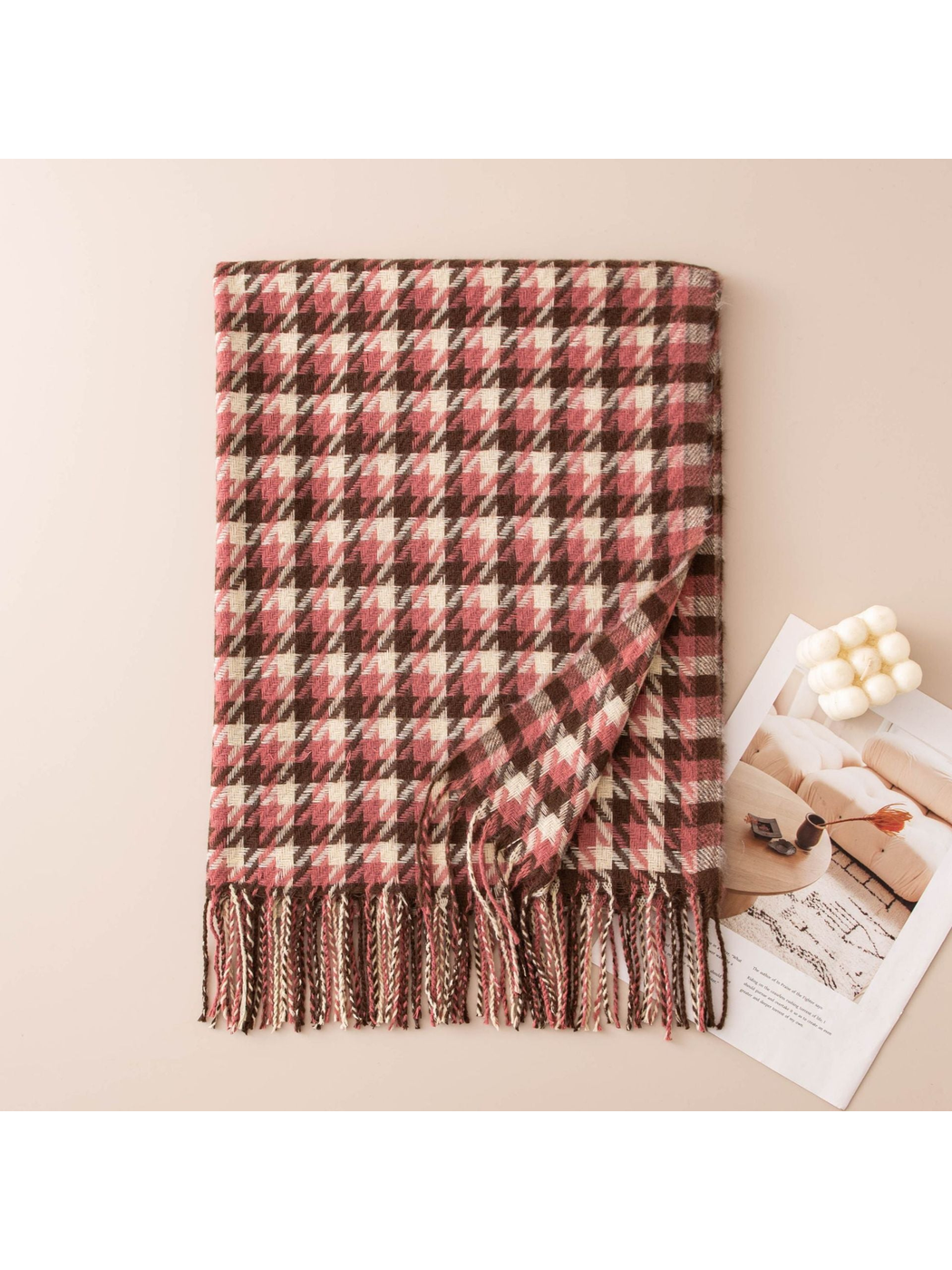 Rose pink, brown and cream houndstooth scarf with twisted fringe