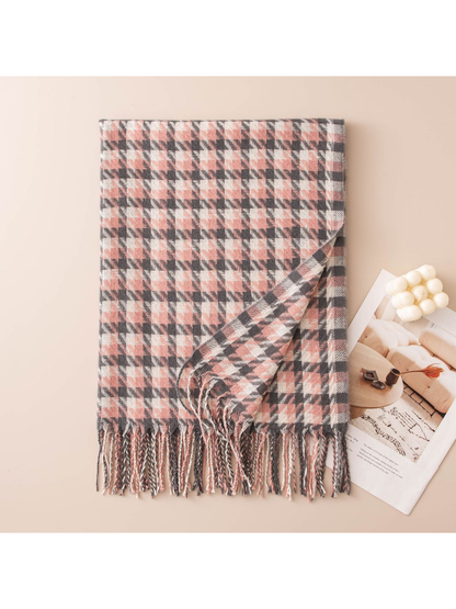 Blush pink, gray and cream houndstooth scarf with twisted fringe