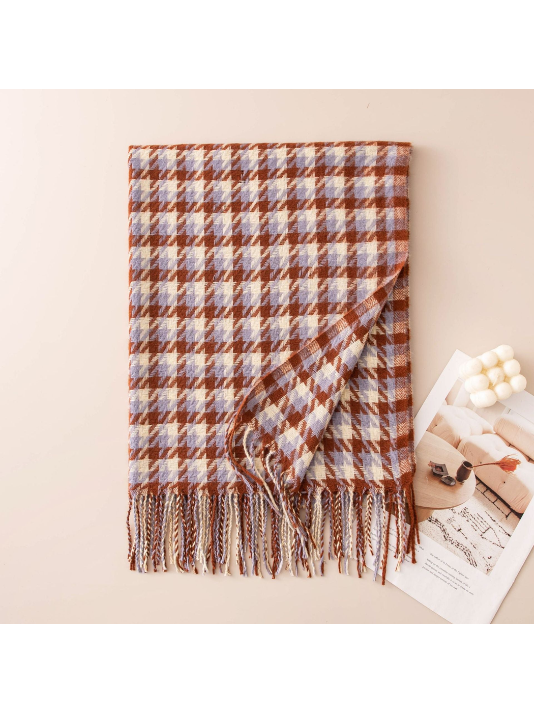 Light blue, coffee brown and cream houndstooth scarf with twisted fringe