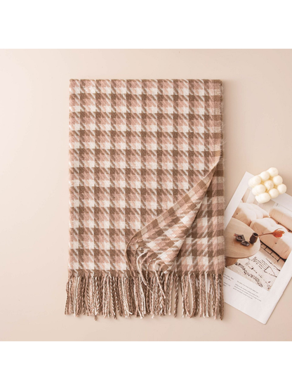 Light camel, blush and cream houndstooth scarf with twisted fringe