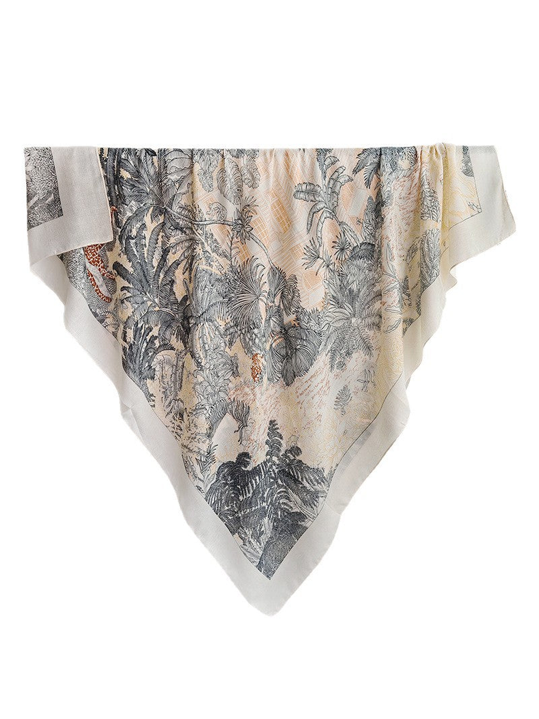 Cream square scarf with botanical line art, animal accents and a wide border
