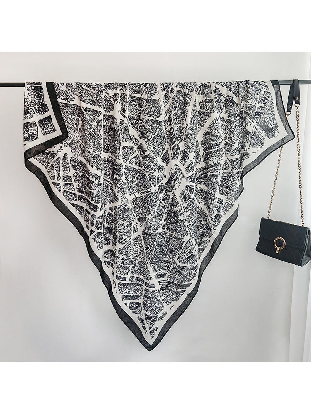 White-base square scarf with black city-map print and contrasting border