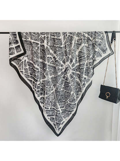 White-base square scarf with black city-map print and contrasting border