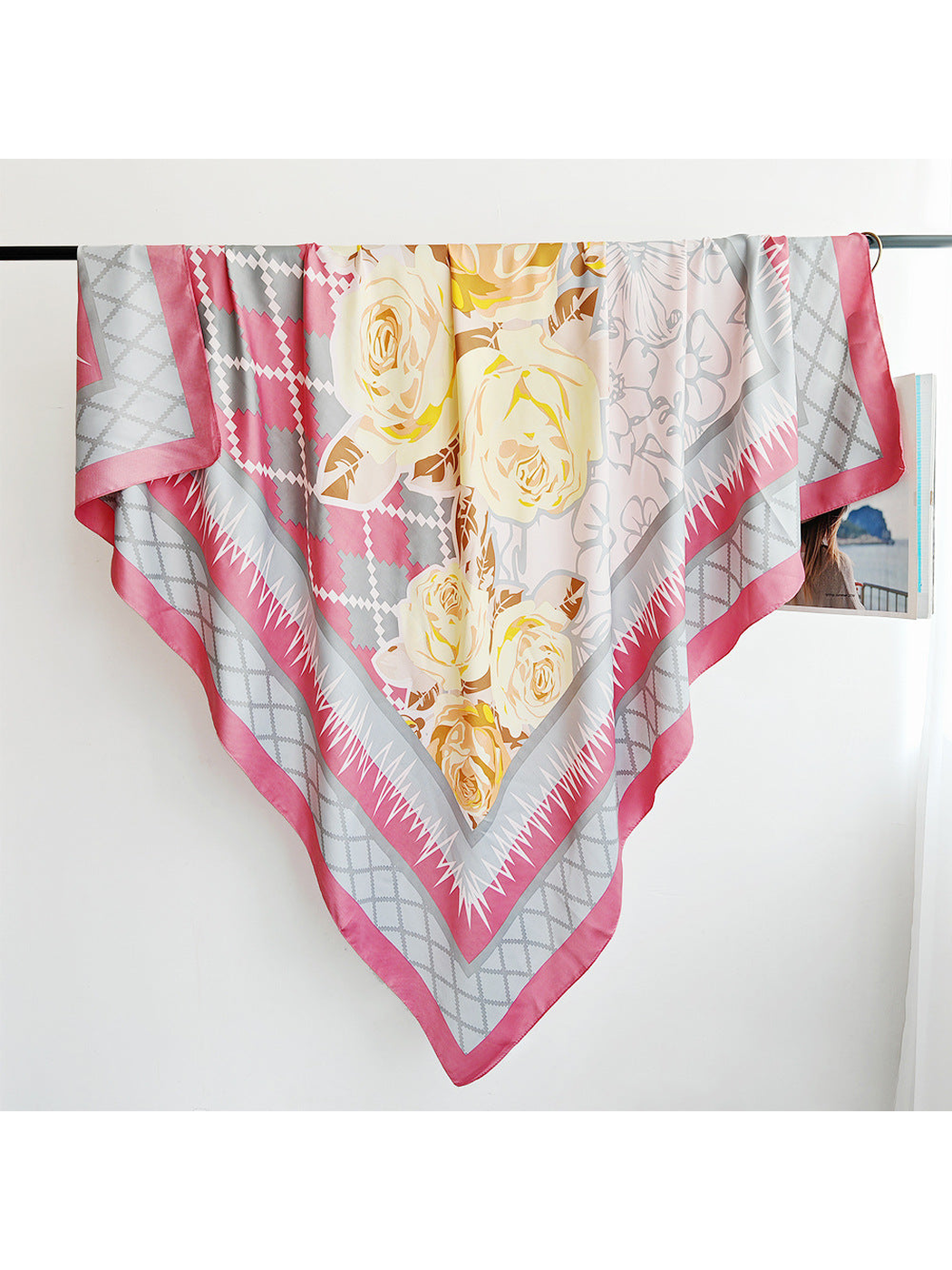 Pink floral square scarf with gray lattice border, full view