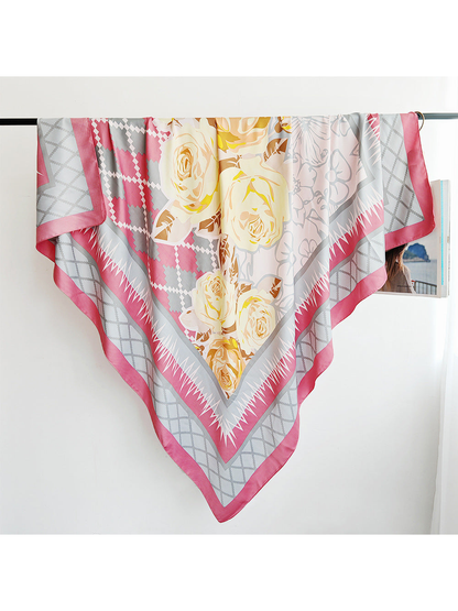 Pink floral square scarf with gray lattice border, full view