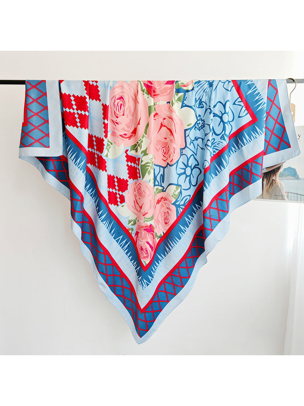Blue floral square scarf with red lattice border, full view