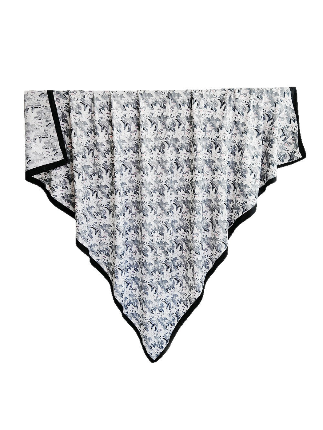 Gray abstract floral square scarf with contrasting black border, full view