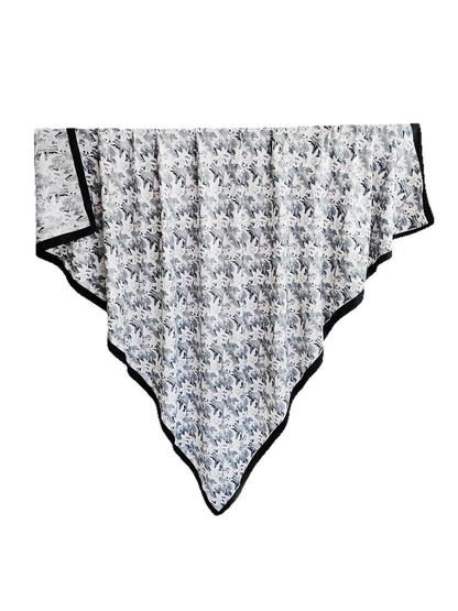 Gray abstract floral square scarf with contrasting black border, full view