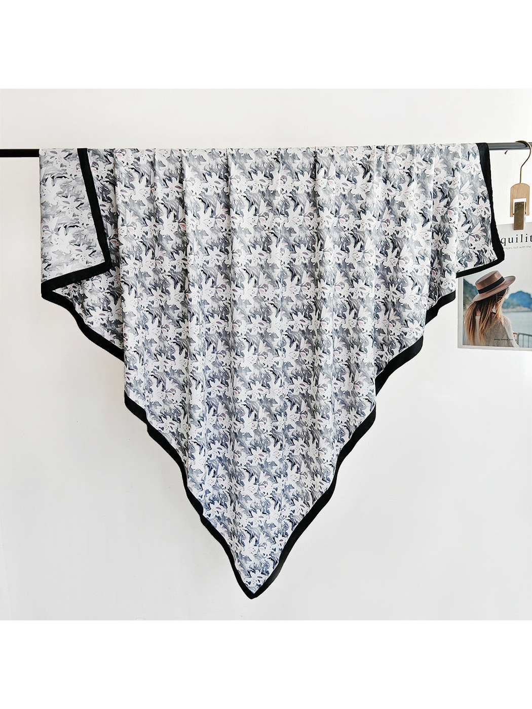 Gray abstract floral square scarf with contrasting black border