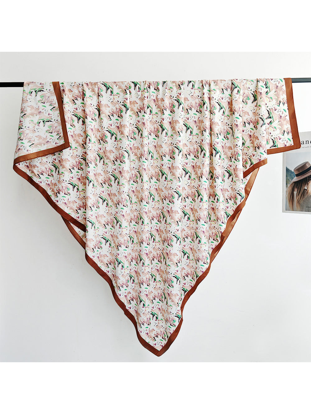Blush abstract floral square scarf with contrasting brown border