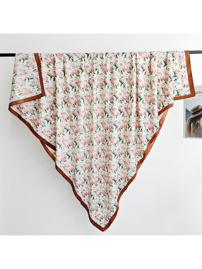 Blush abstract floral square scarf with contrasting brown border