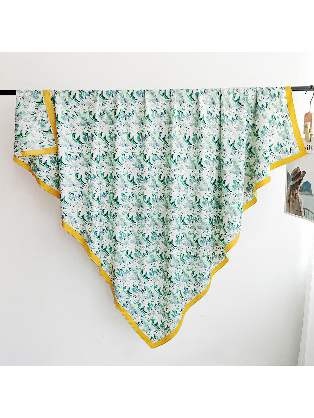Mint abstract floral square scarf with contrasting yellow border