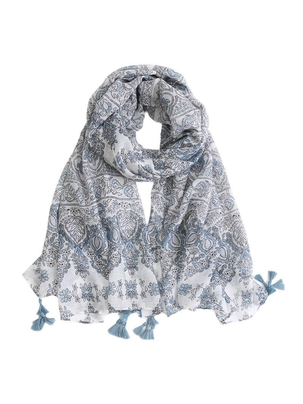 Blue-gray paisley and floral scarf with tassel trim
