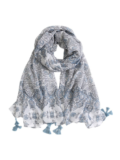 Blue-gray paisley and floral scarf with tassel trim
