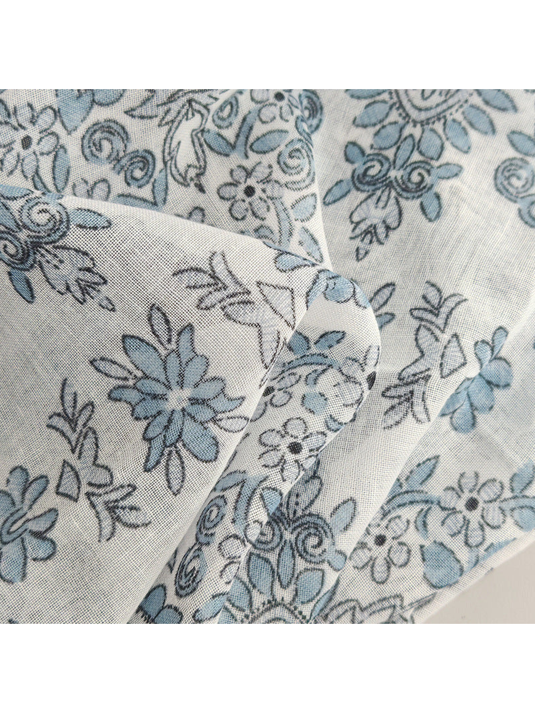 Close-up of the blue-gray floral print and semi-sheer woven-look surface