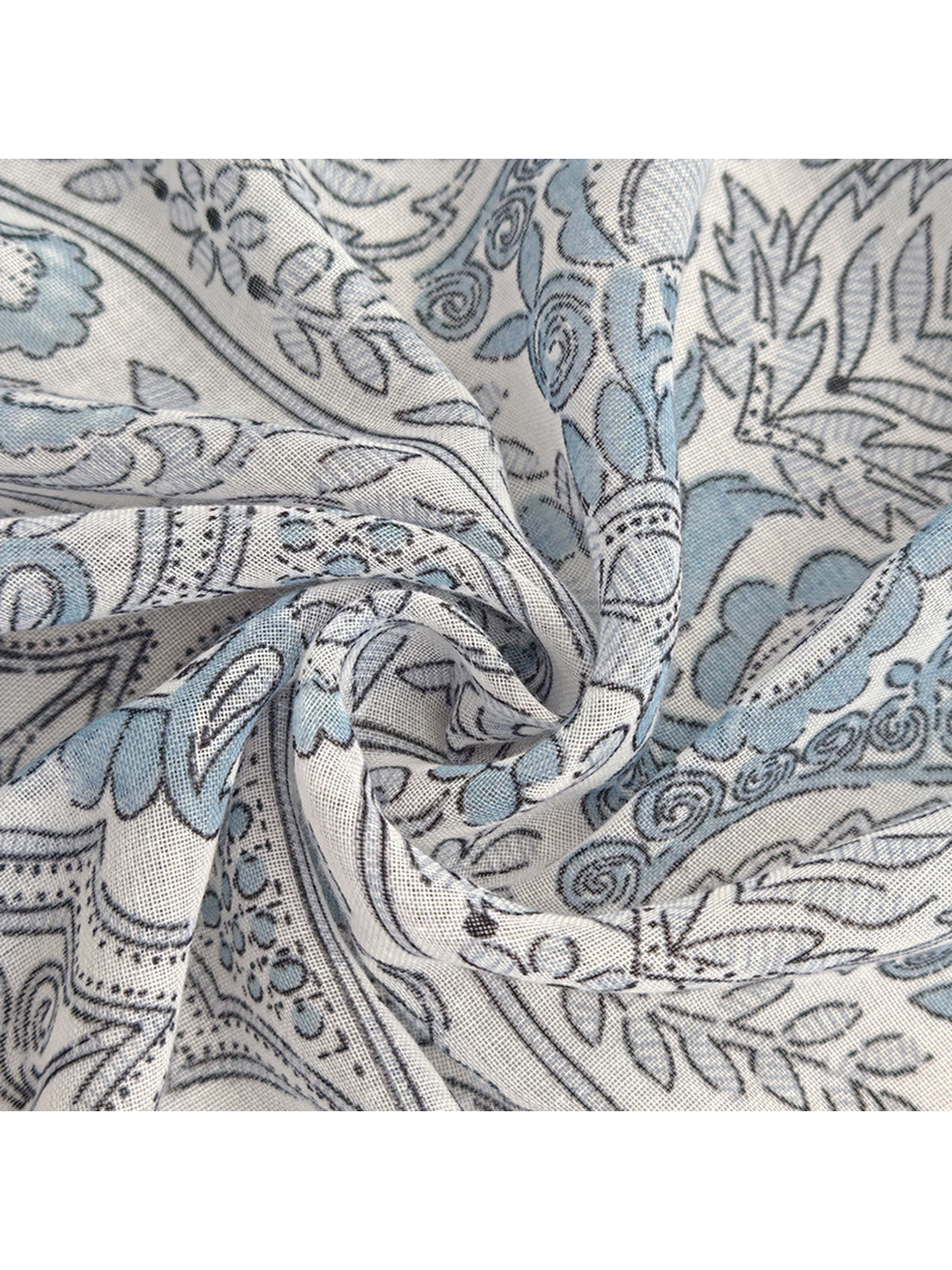 Close-up of the blue-gray paisley pattern gathered into soft folds