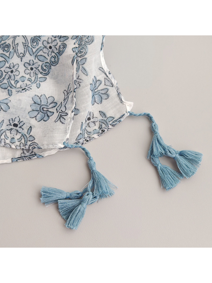 Close-up of light blue tassels attached along the scarf edge