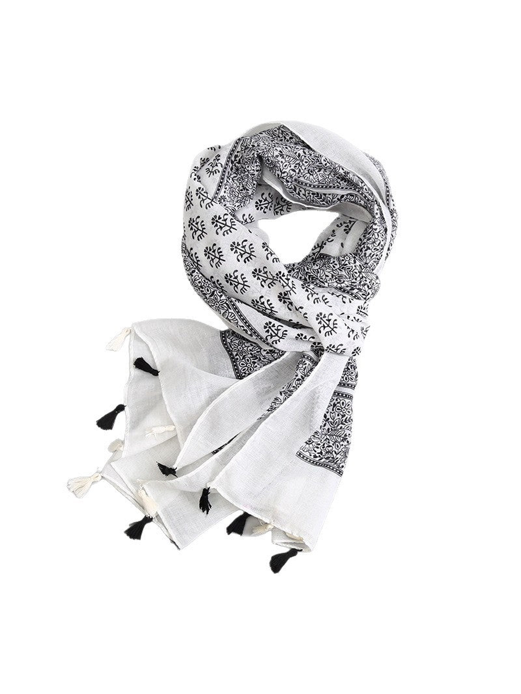 Black and white botanical-print scarf with floral border and tassel trim
