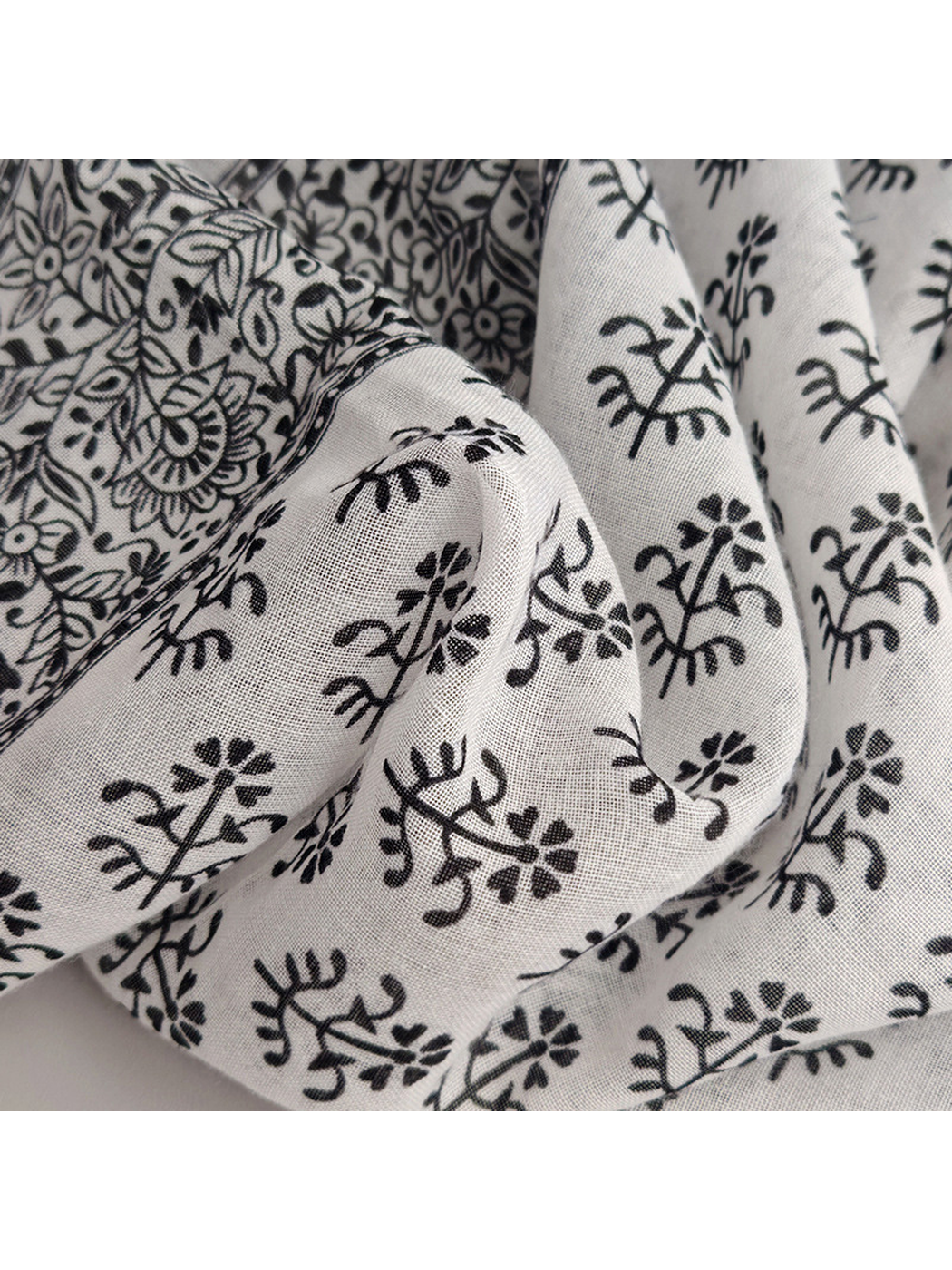 Close-up of the fine weave and black botanical print