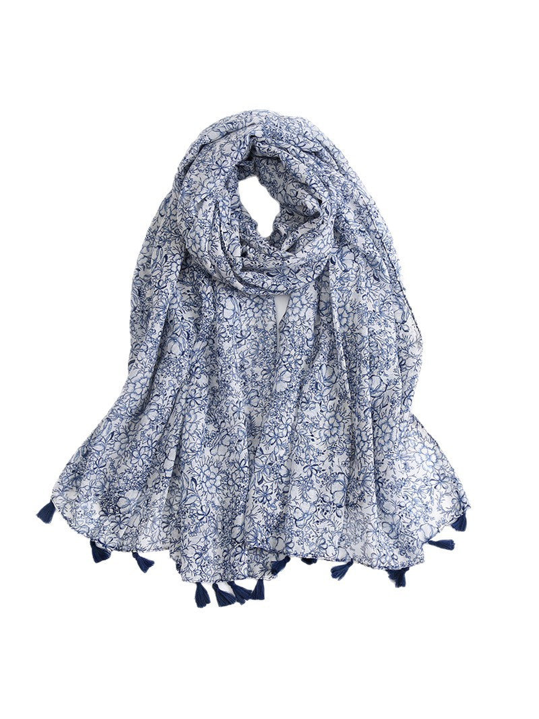 White scarf with dense navy floral linework and navy tassels