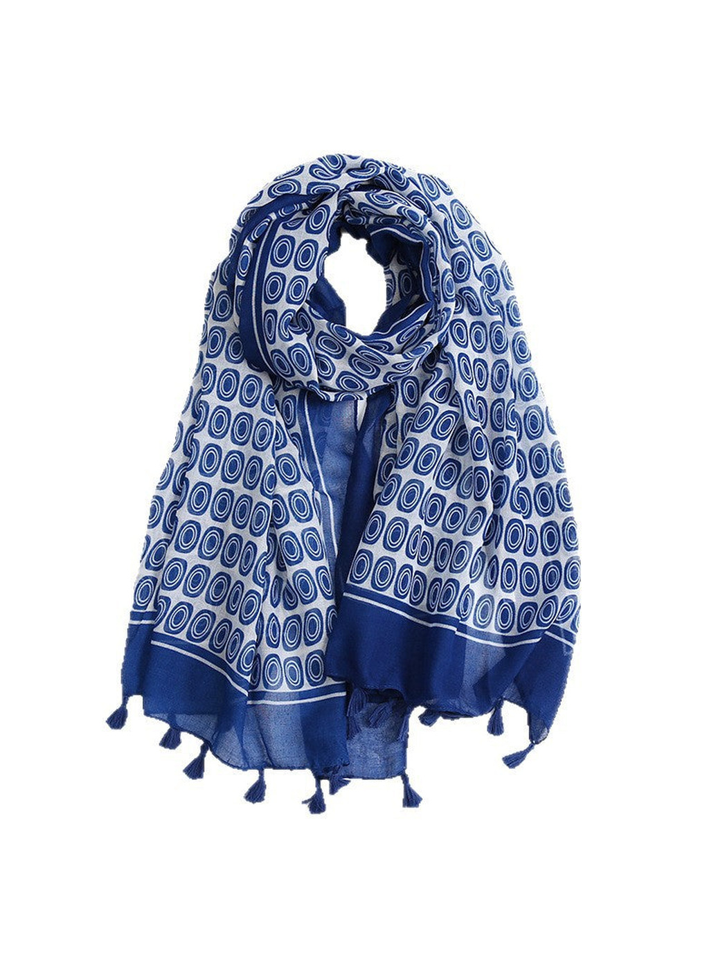 Navy scarf with repeating oval pattern and tasseled edges