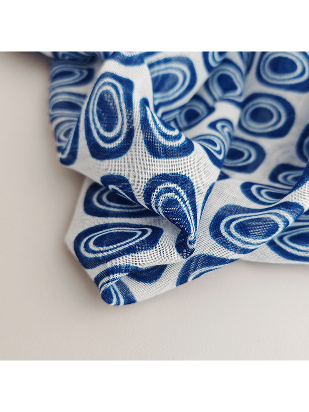 Close-up of the fine open weave and blue oval pattern