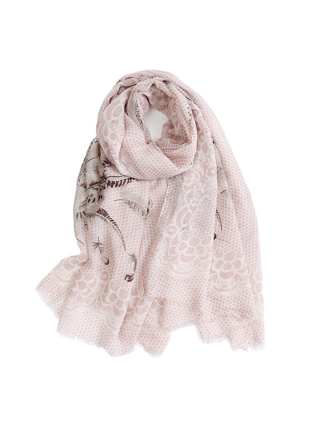 Light pink patterned scarf with feather motifs and fringed ends