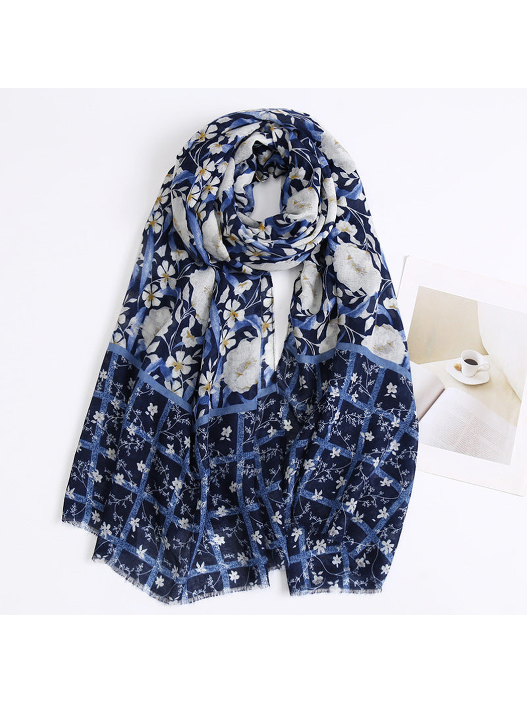 Navy floral rectangular scarf with contrasting gridded border