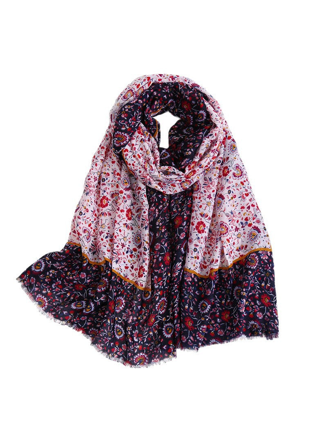 Floral rectangular scarf with pale center and navy border