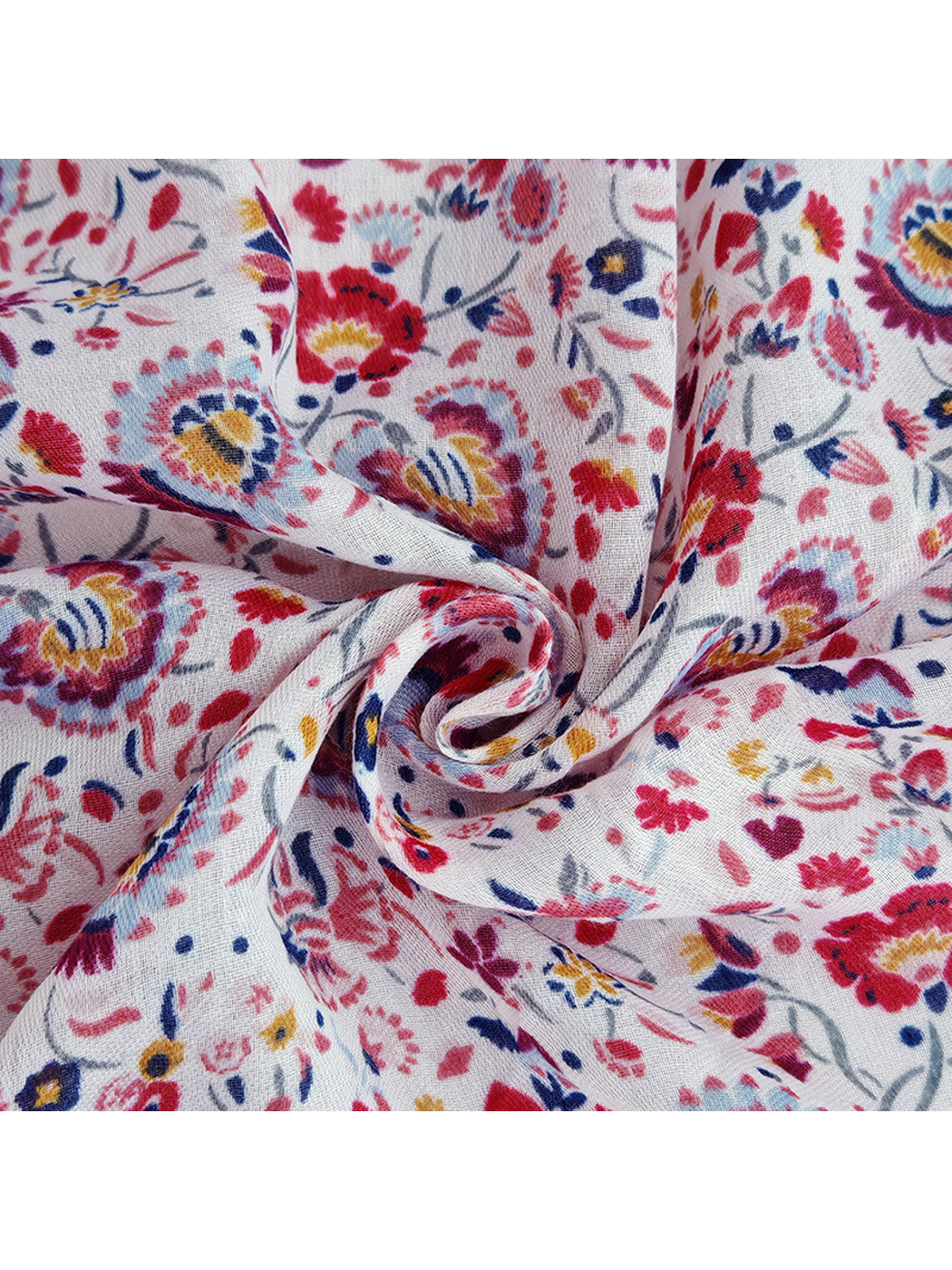 Close-up of the pale floral print and fine visible weave