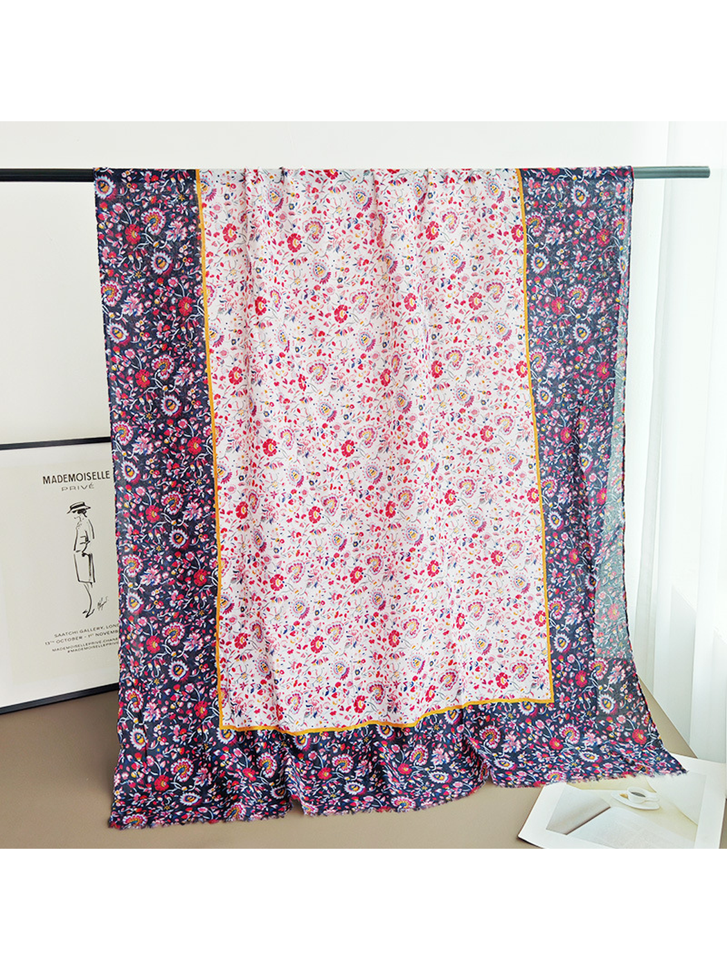 Full rectangular scarf with pale floral center and navy floral border