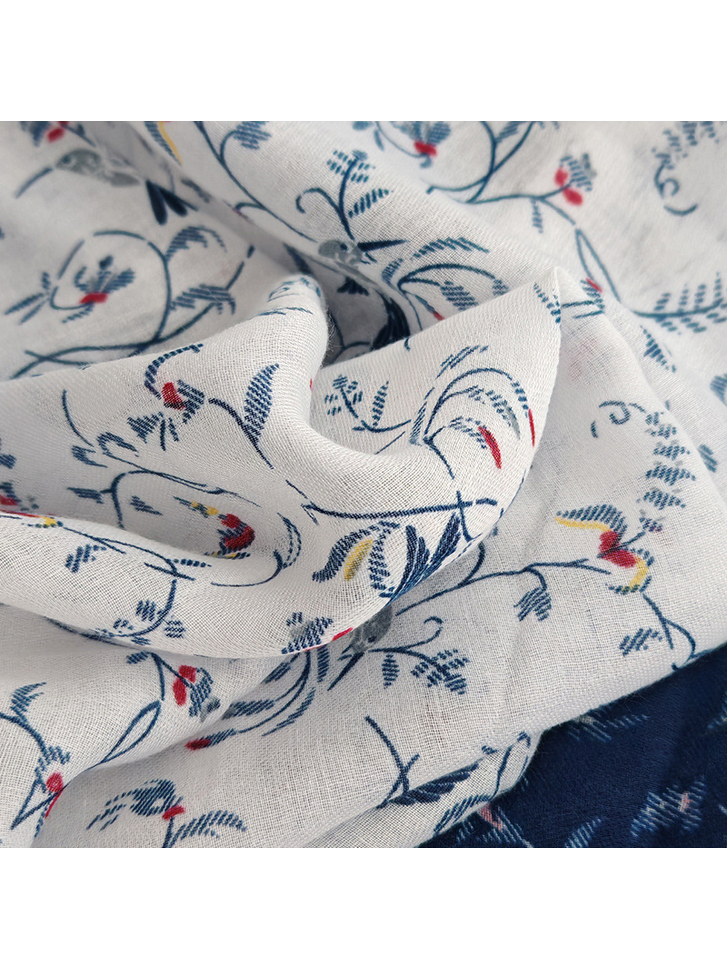 Close-up of the fine weave and delicate navy, red and yellow motifs