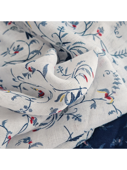 Close-up of the fine weave and delicate navy, red and yellow motifs
