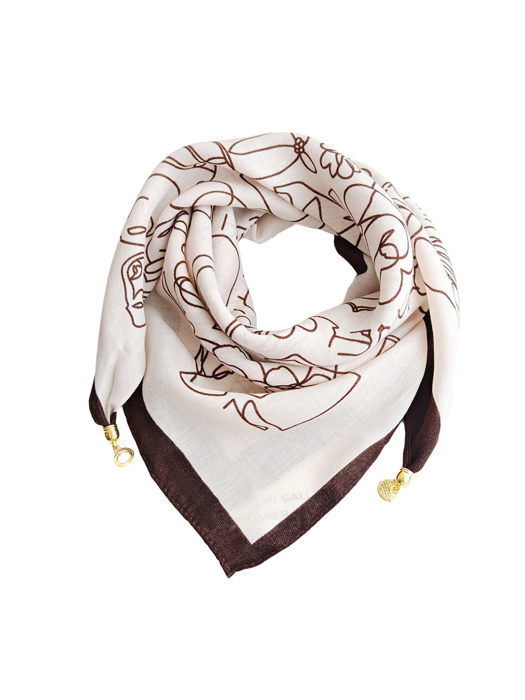 Cream and dark brown square scarf arranged in a rolled display