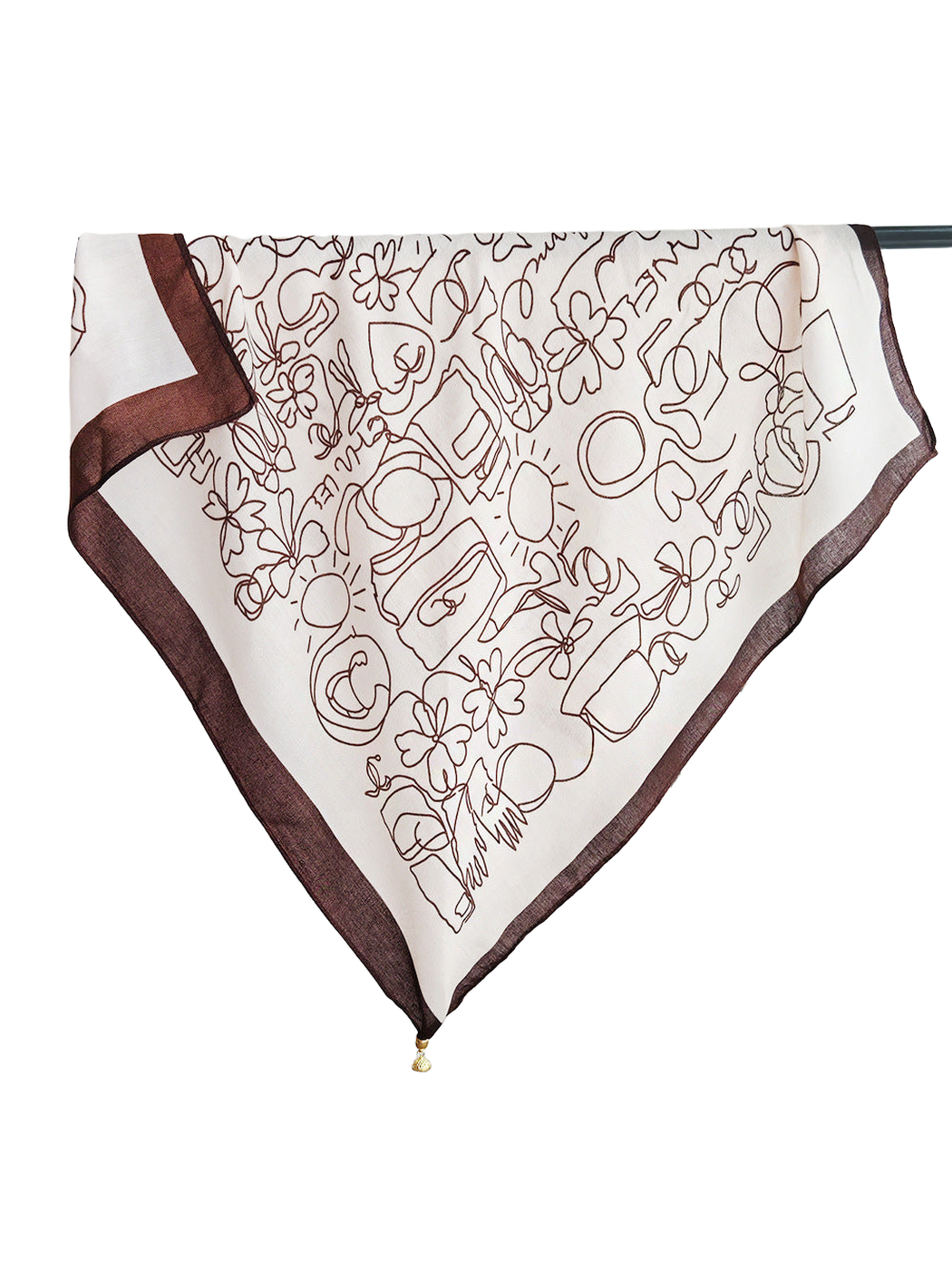 Cream square scarf with dark brown border and abstract line-art pattern
