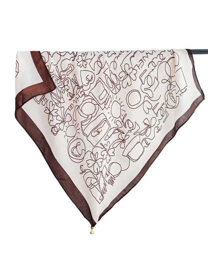 Cream square scarf with dark brown border and abstract line-art pattern