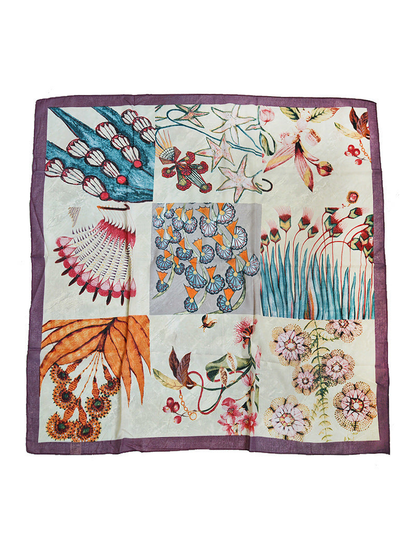Multicolor square scarf with floral, butterfly and abstract patchwork motifs
