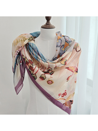 Multicolor floral scarf draped around a dress form