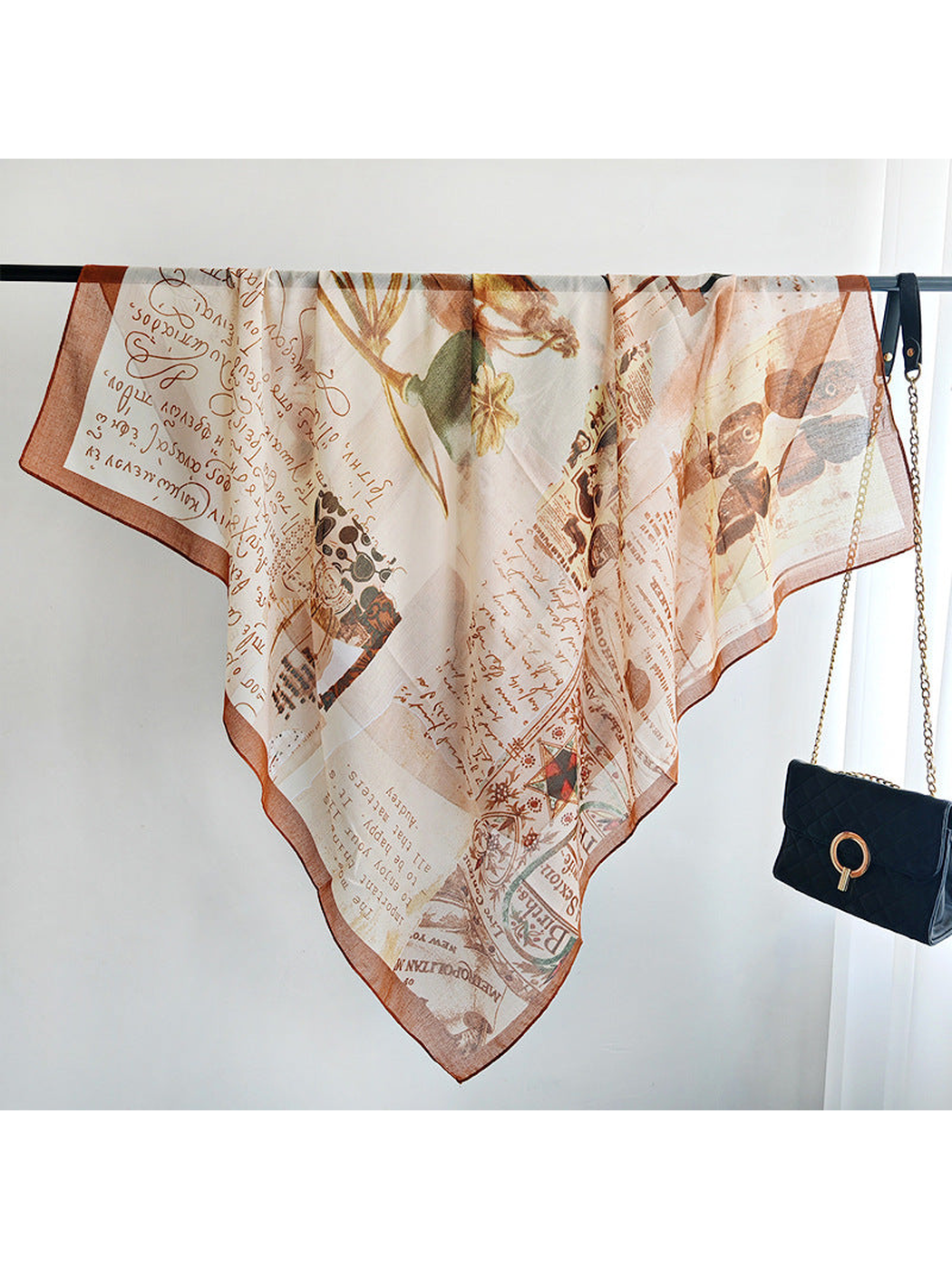 Multicolor square scarf with vintage collage print and brown border