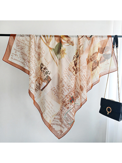 Multicolor square scarf with vintage collage print and brown border
