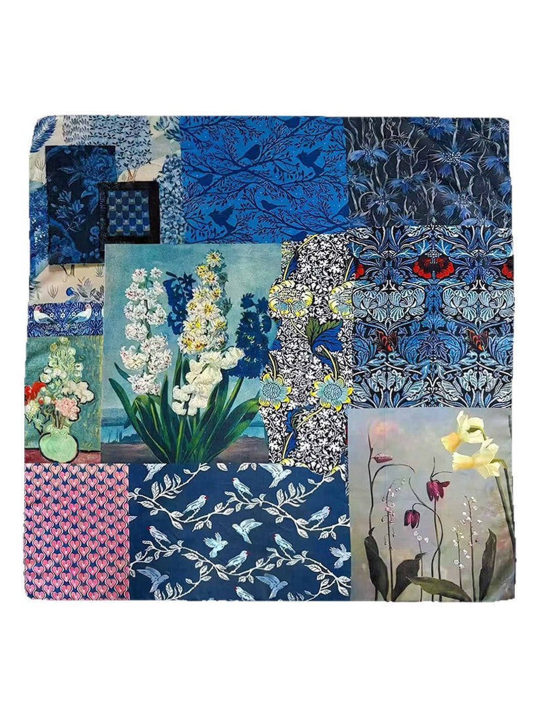 Blue multicolor square scarf with floral, bird and heart patchwork