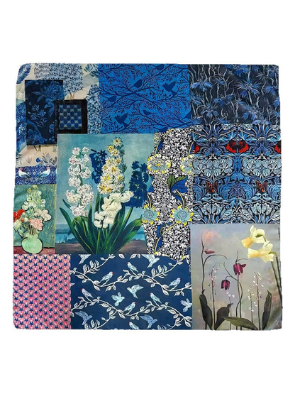 Blue multicolor square scarf with floral, bird and heart patchwork