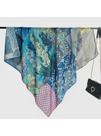 Blue patchwork square scarf displayed in a wide drape