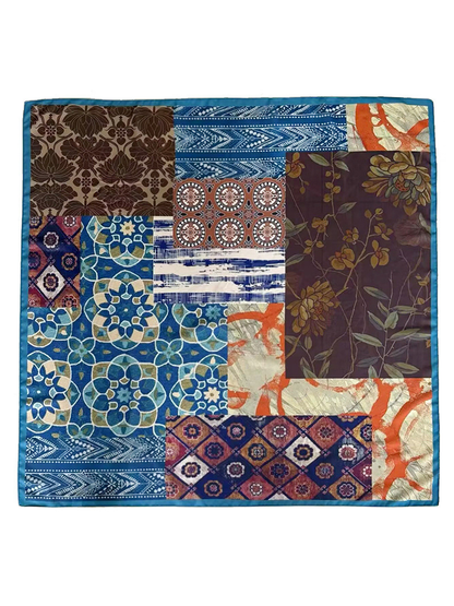 Multicolor patchwork square scarf with floral, geometric and striped motifs