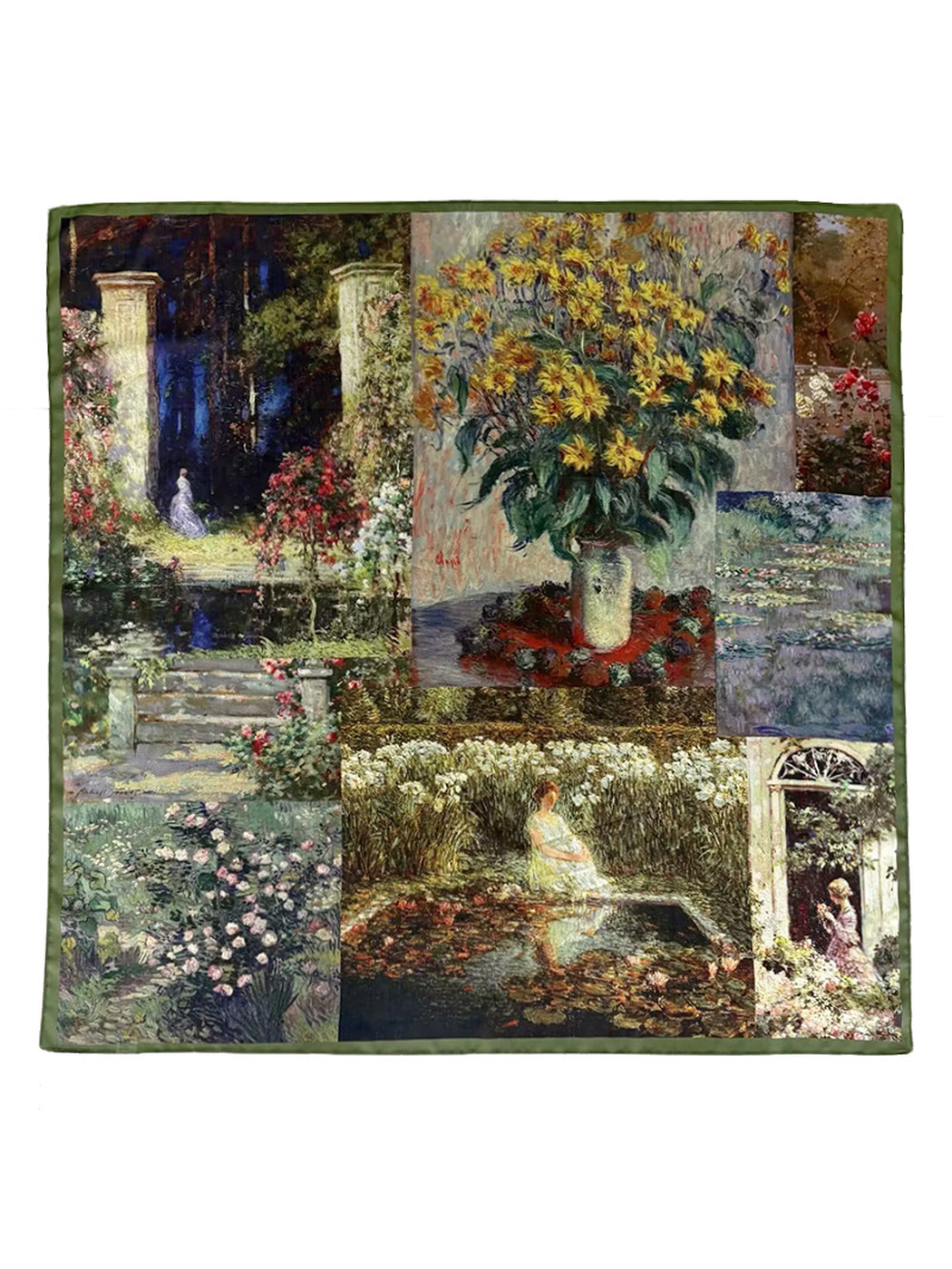 Multicolor square scarf with garden painting print and green border
