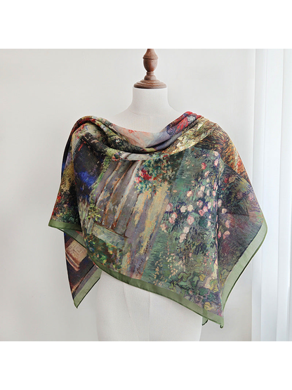 Multicolor garden print scarf draped around a mannequin
