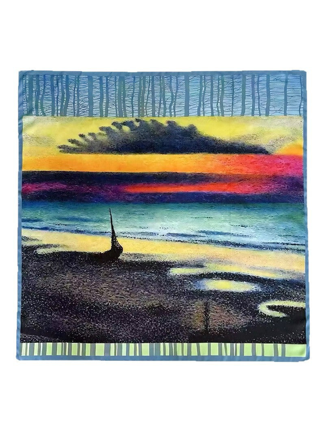 Multicolor square scarf with abstract landscape and sailboat print, laid flat