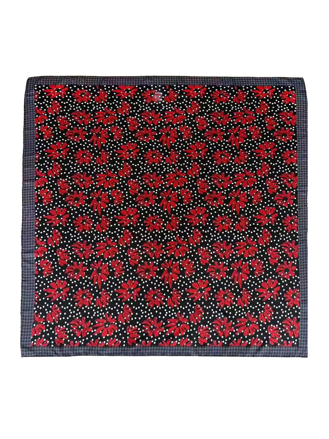 Square scarf with red floral print, white dots and gray geometric border